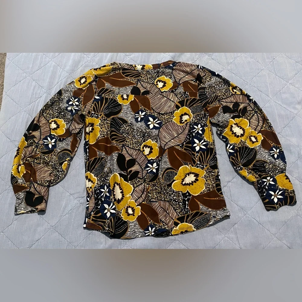 K&C Floral Keyhole Neck Long Sleeve Blouse - Mustard/Navy/Brown - Size Medium - Picture 8 of 8